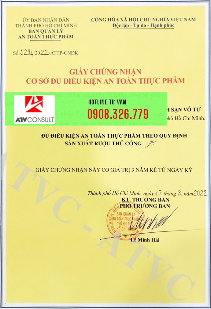 Giấy chứng nhận vệ sinh an toàn thực phẩm sản xuất rượu nếp cẩm