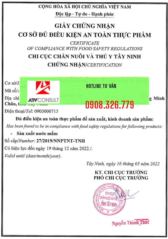 giấy phép vệ sinh an toàn thực phẩm Tây Ninh